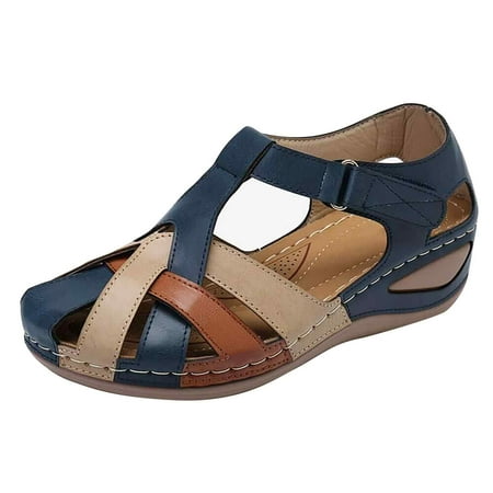 CHOII Women Summer Casual Low Wedges Slip On Sandals Platform Beach Sandals Velcro Slide Slipper for Ladies Breathable Round Toe Cross Buckle Shoes Clearance! Blue/9.5