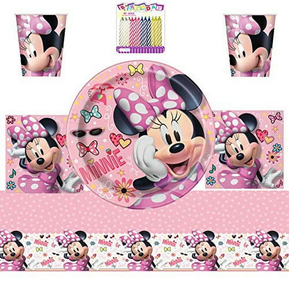 Minnie Mouse Party Supplies Pack Serves 16: 9" Plates Luncheon Napkins Cups and Table Cover with Birthday Candles (Bundle for 16)