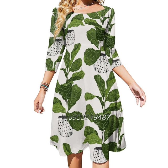 Vestido de escote cuadrado con planta de interior de árbol de higo de hoja de violín Vestidos holgados y bonitos con estampados Vestido elegante para fiesta en la playa Árbol de higo de hoja de violín