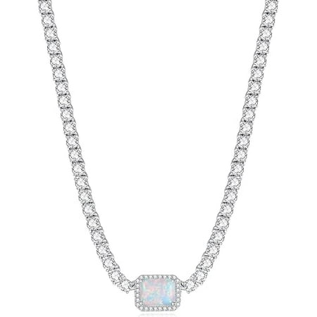 Gems Jewels 2.00 Ctw Emerald Cut Opal Womens Necklace 14K White Gold Plated 925 Sterling Silver