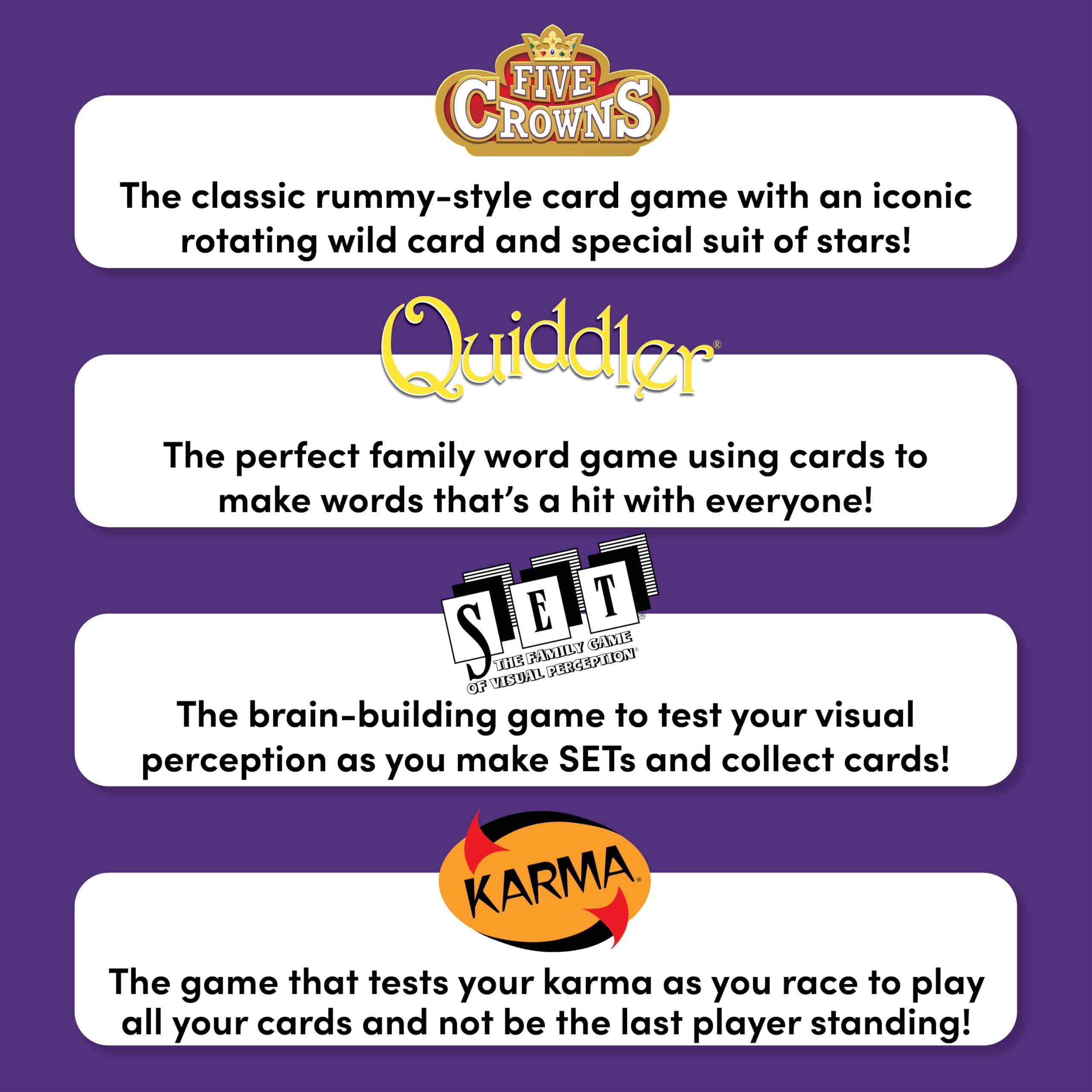 PlayMonster Five Crowns Collection 4-Game Bundle - Five Crowns, SET, Quiddler, and Karma Card Games, 1+ Players Ages 8+