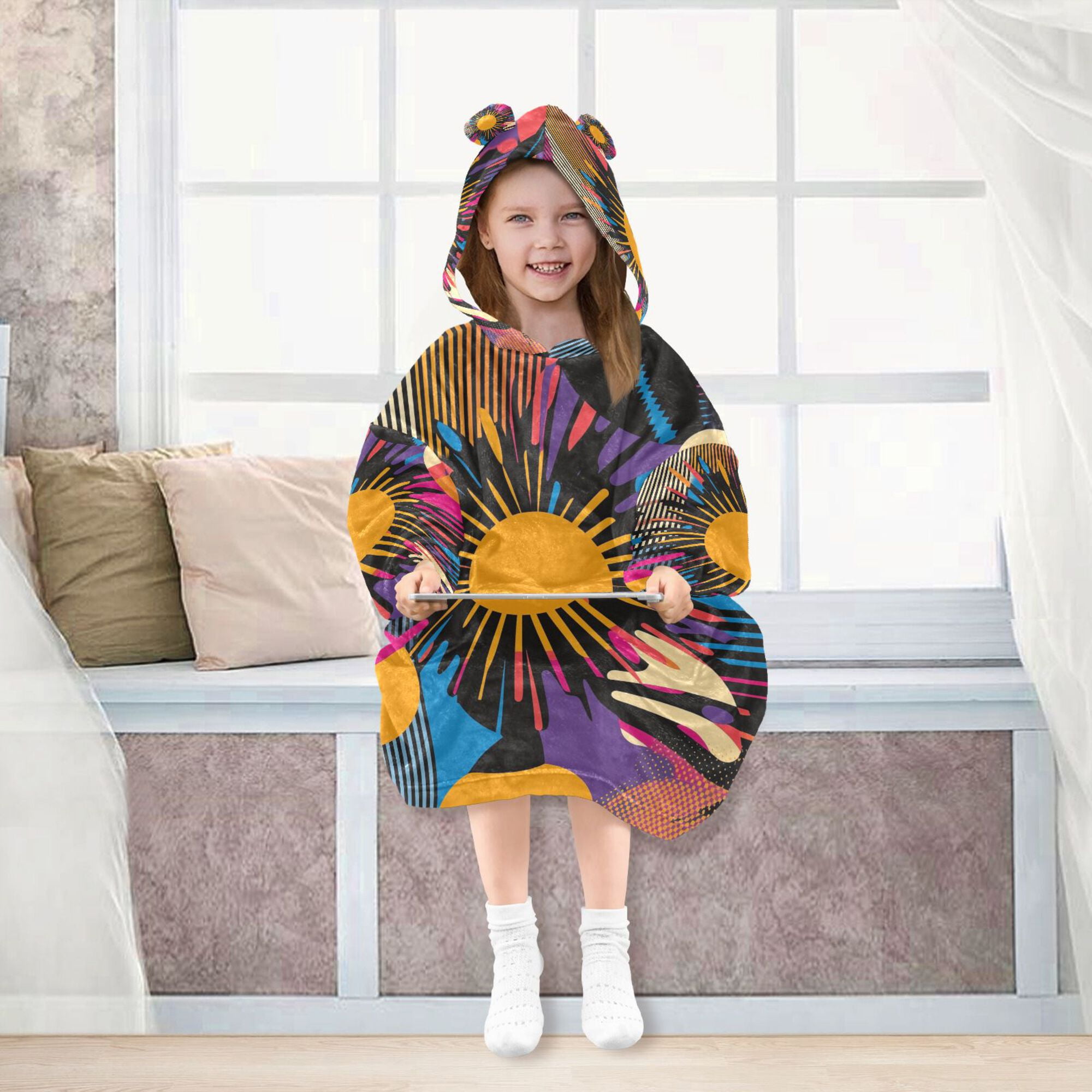 FORMRS Wearable Blanket Hoodie with Sleeves for Kids Cozy Flannel Sweatshirt, Futuristic Circles