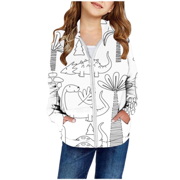 Little Jackets For Kids Girls Hooded Zip Up Children's Sketches DIY Hand Painted Patch Pocket Fleece Coat Fall Outdoor Casual Outerwear Size 7-8T
