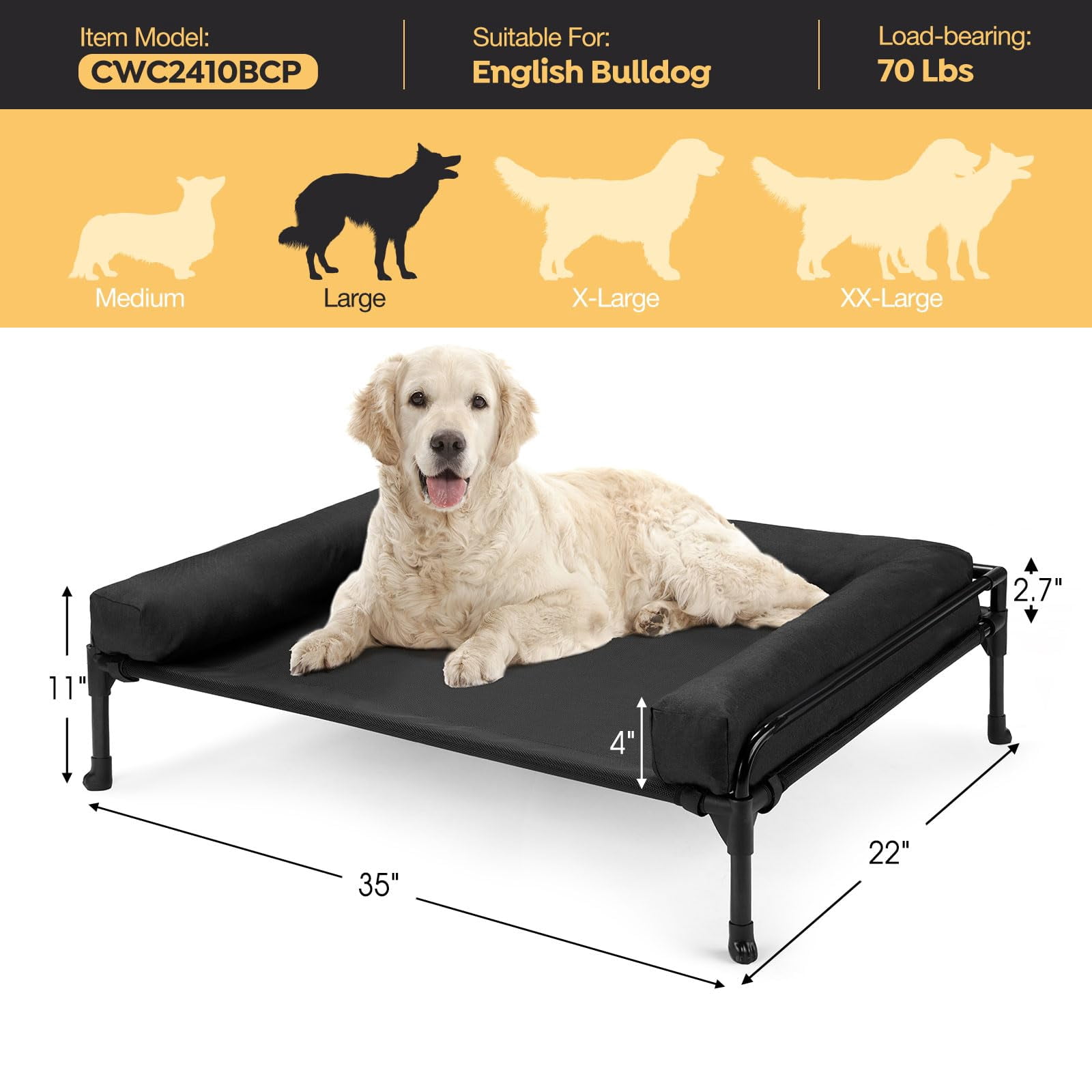 Elevated Raised Dog Bed-cooling Outdoor Bed For Large Sized Dogs Three-sided Fence Pet With Mesh & No-slip Feet Hammock Removable Bolster-35 X 22" Black