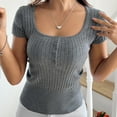 thumbnail image 5 of FRSASU Womens Short Sleeve Sweater Casual Summer Square Neck Button Pullover Tops Ribbed Knit Sweater Blouse Gray, 5 of 6