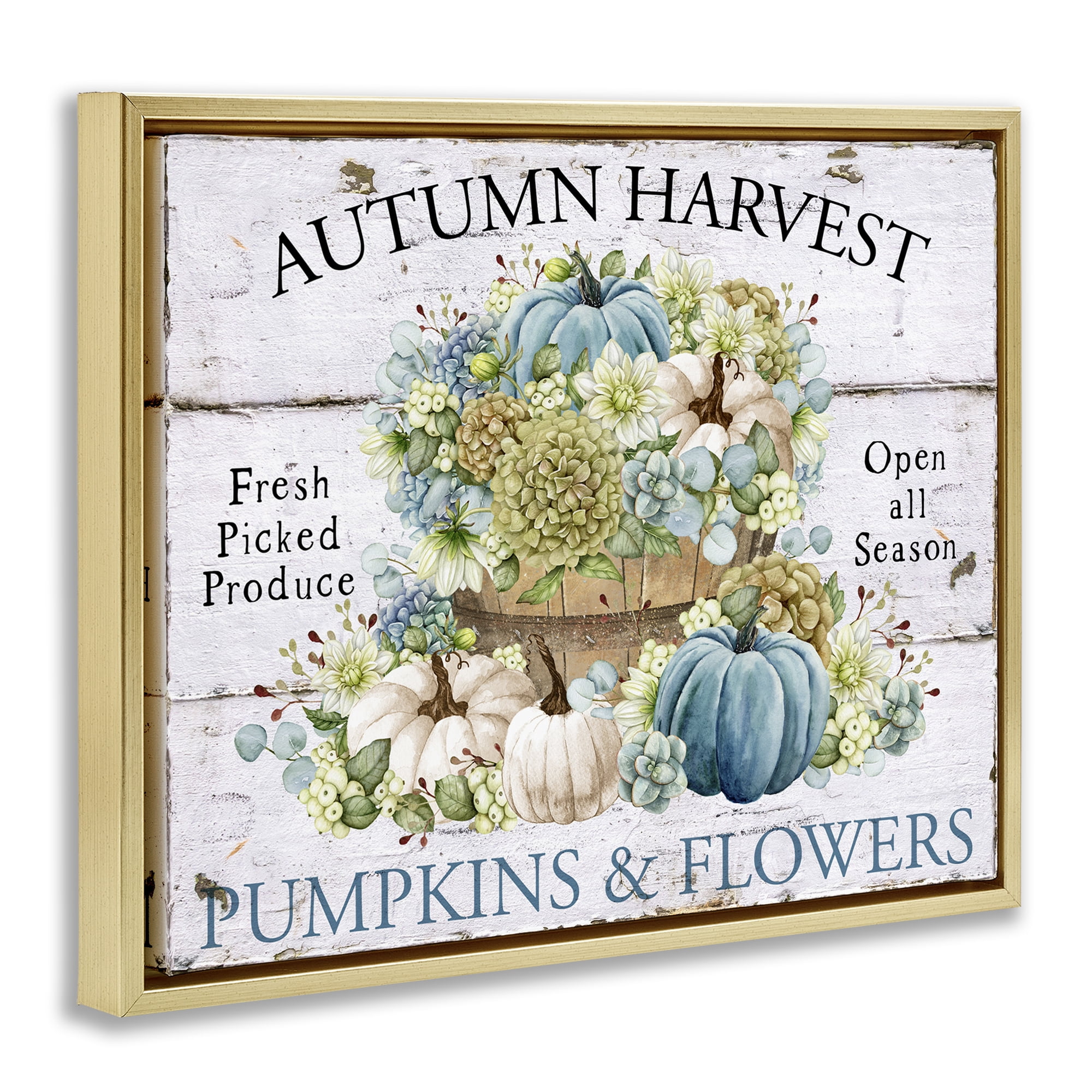 Stupell Industries Pumpkins & Flowers Harvest Holiday Painting Gold Floater Framed Canvas Art Prints Wall Art, 31 x 25