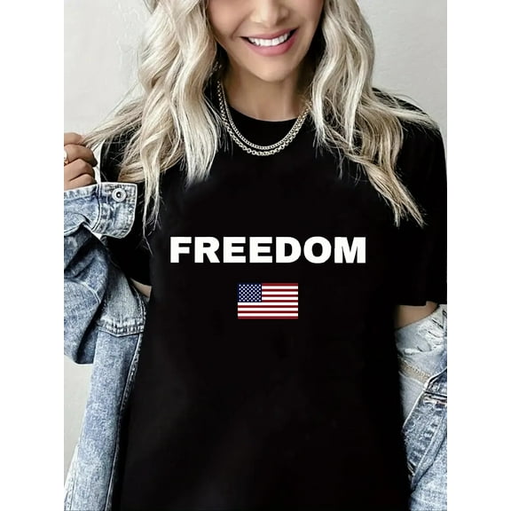 Woman Crew Neck T-Shirt Freedom National Emblem Graphic Shirt Casual Pure Cotton Short Sleeve Black Top