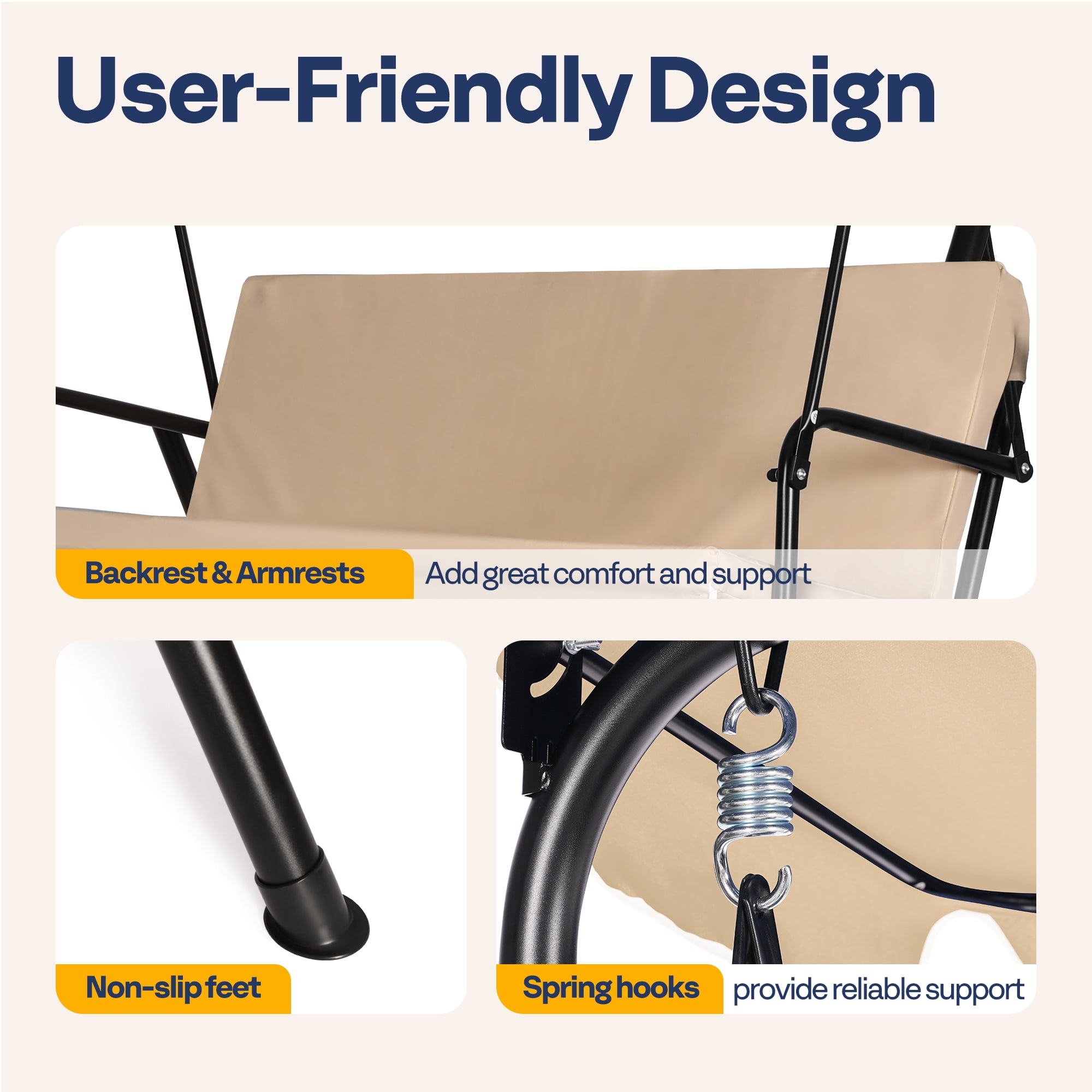 VIVOHOME 3-Seat Swing Glider Chair with Removable Cushion & Canopy, Steel Frame Stand, Beige