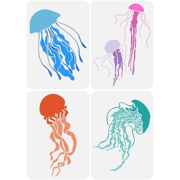 4 PCS 4 Styles Jellyfish Stencil for DIY Painting 8.3x11.7inch Reusable Sea Life Stencils Jellyfish Pattern Ocean Theme Stencil for DIY Painting on Wall Wood Canvas Fabric Floor Furniture
