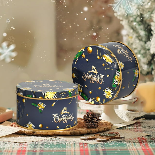Latas de galletas navideñas para regalar, recipientes para galletas navideñas, pasteles redondos para hornear y guardar dulces navideños, galletas, bocadillos, chocolate, caja de metal para dulces, c