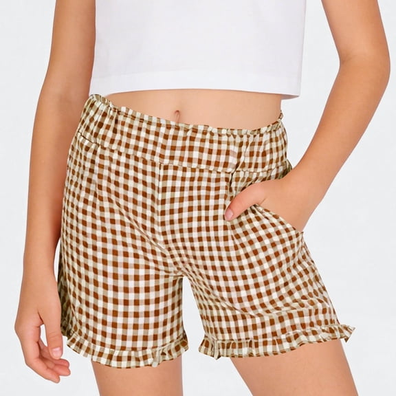 Ticikt Girls Gingham Plaid Shorts, 5-16 Years Summer Casual Ruffle Hem Elastic Waist Shorts with Pockets,Coffee