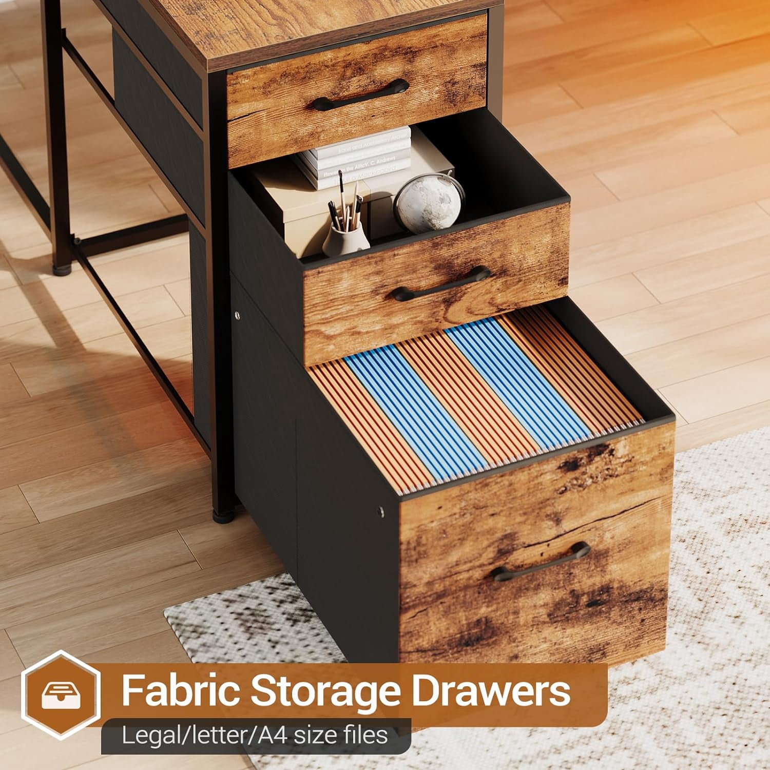 Computer Desk with Drawers, 64.5" Reversible Office Desk with Fabric File Drawer, Corner Computer Desk with Power Outlet & LED Strip and Storage Bookshelf,Rustic Brown