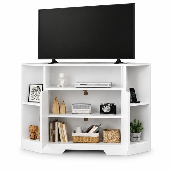 55" Corner TV Stand with Power Outlet & Barn Doors, Mid-Century Modern Farmhouse Entertainment Center, Adjustable Shelf, Storage Cabinets, Media Console for Living Room