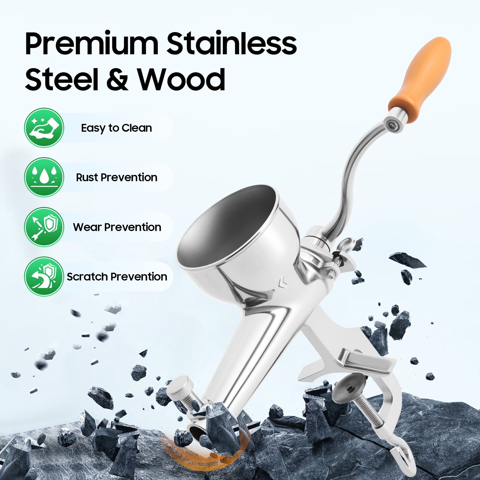 Stainless Steel Manual Juicer for Wheatgrass, Fruits, and Vegetables, Slow-Press with Low-Speed Spiral Auger, Easy Clamp Installation, High Nutrient Retention