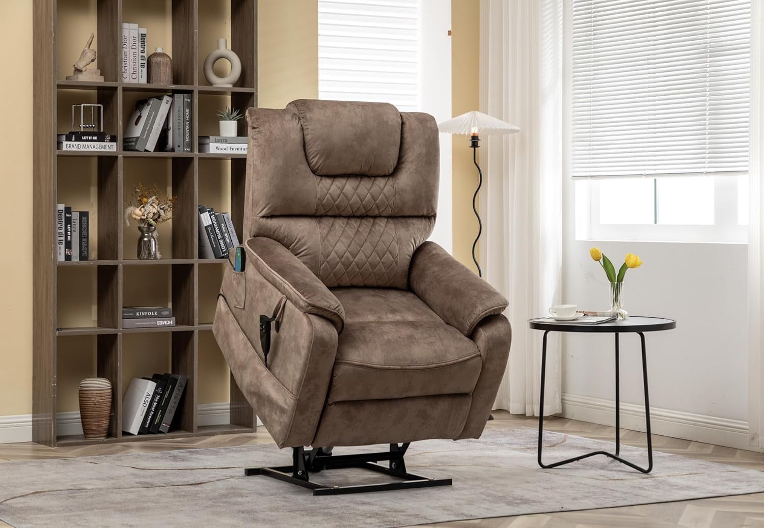 Dual Motor Power Recliner Chair Sofa, Lift Chair Lay Flat Recliners Chairs for Elderly Adults, Brown Velvet Recliners with Massage and Heat, Living Room Chair