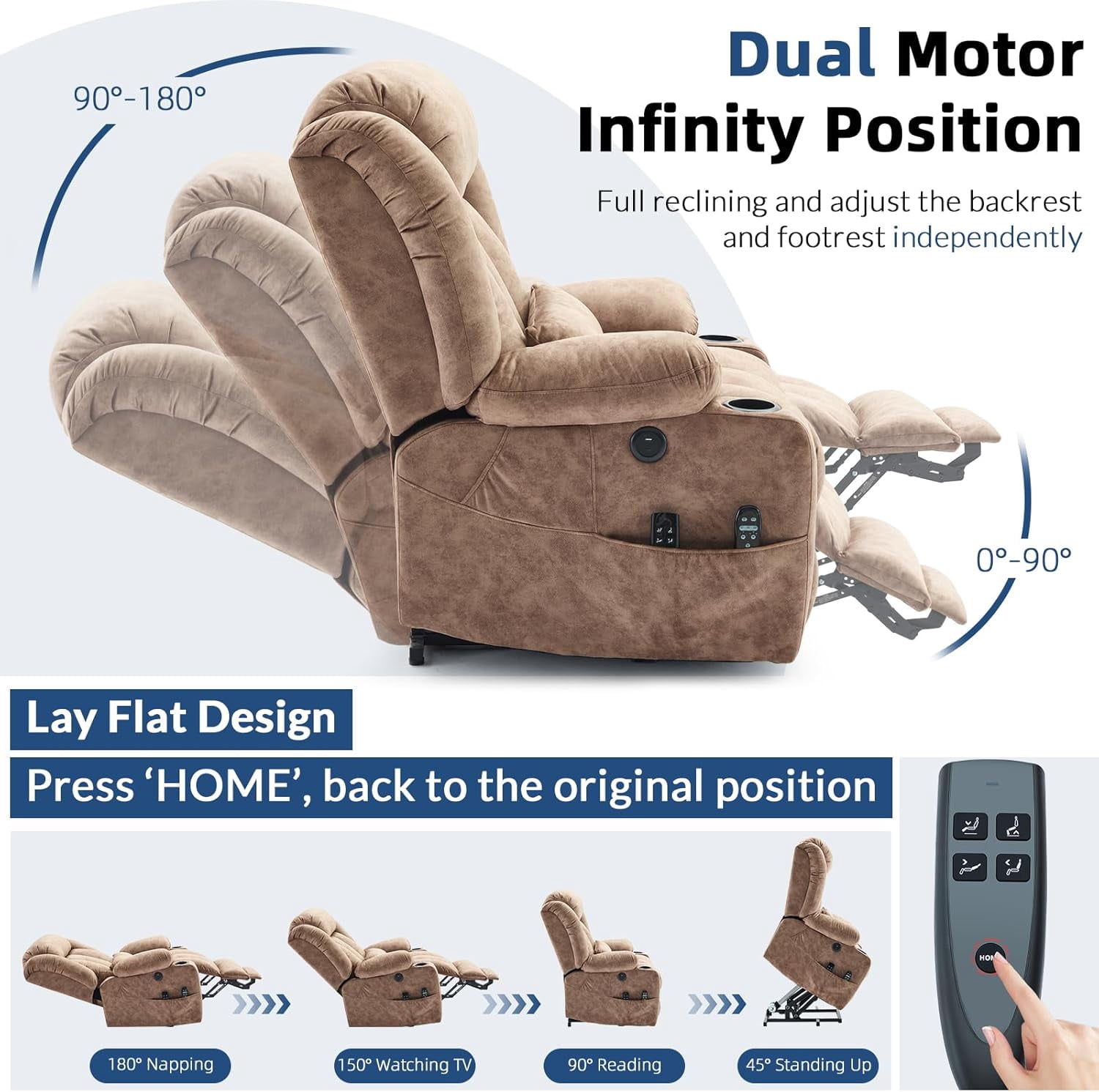 Large Dual Motor Lay Flat Power Lift Recliner Chair with Extended Footrest, Heat Massage, Oversized Electric Recliner for Big Tall Elderly, Lumbar Pillow, USB & Type-C Ports, Plush Brown
