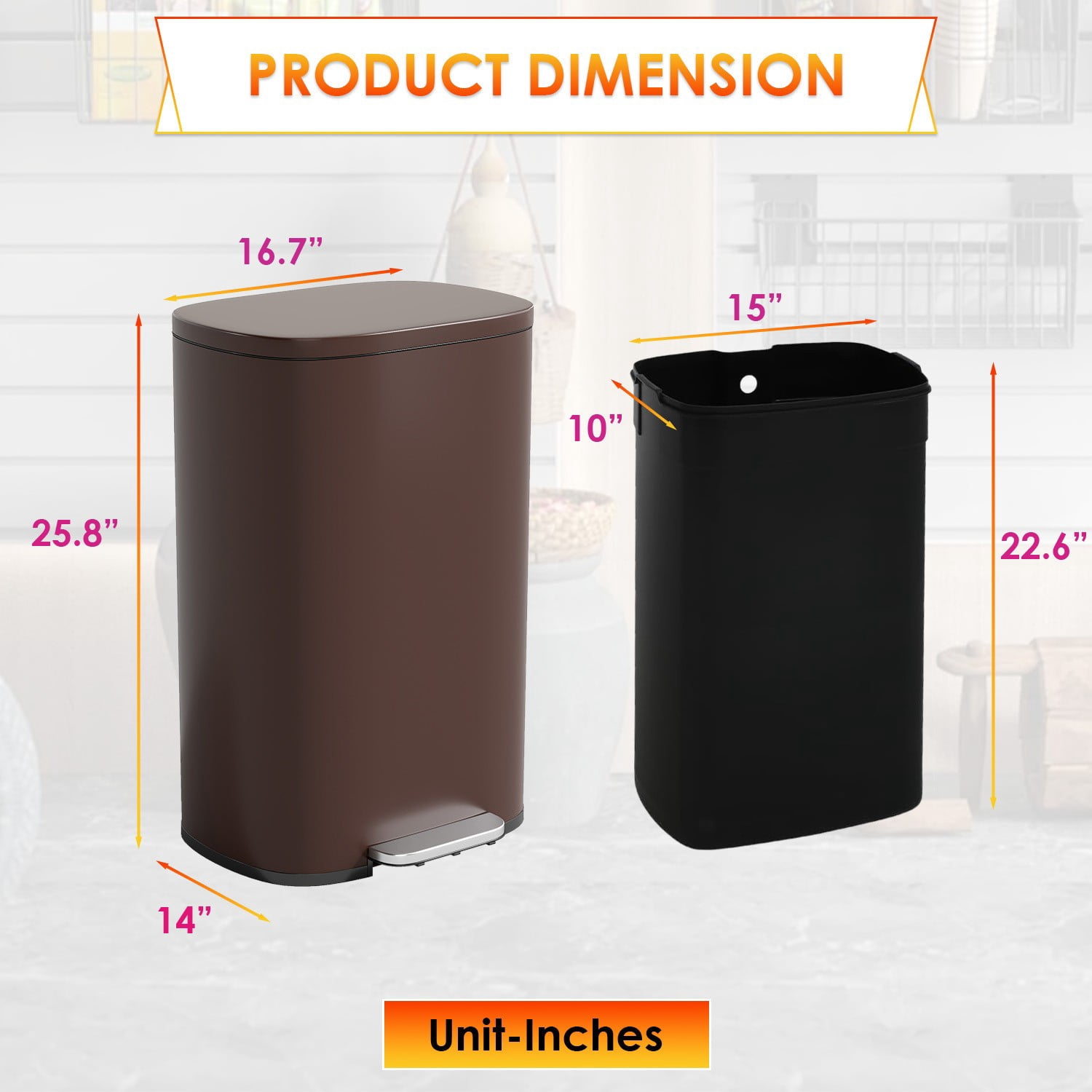 FASCK 13 Gallon/50 L Garbage Can Kitchen Trash Can with Lid for Office Bedroom Bathroom Step Trash Bin Fingerprint-Proof Brushed Stainless Steel 13 Gallon / 50 Liter,Brown