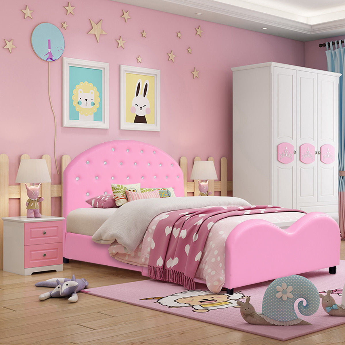 Costway Kids Children Pu Upholstered Platform Wooden Princess Bed Bedroom Furniture Pink Walmart Com