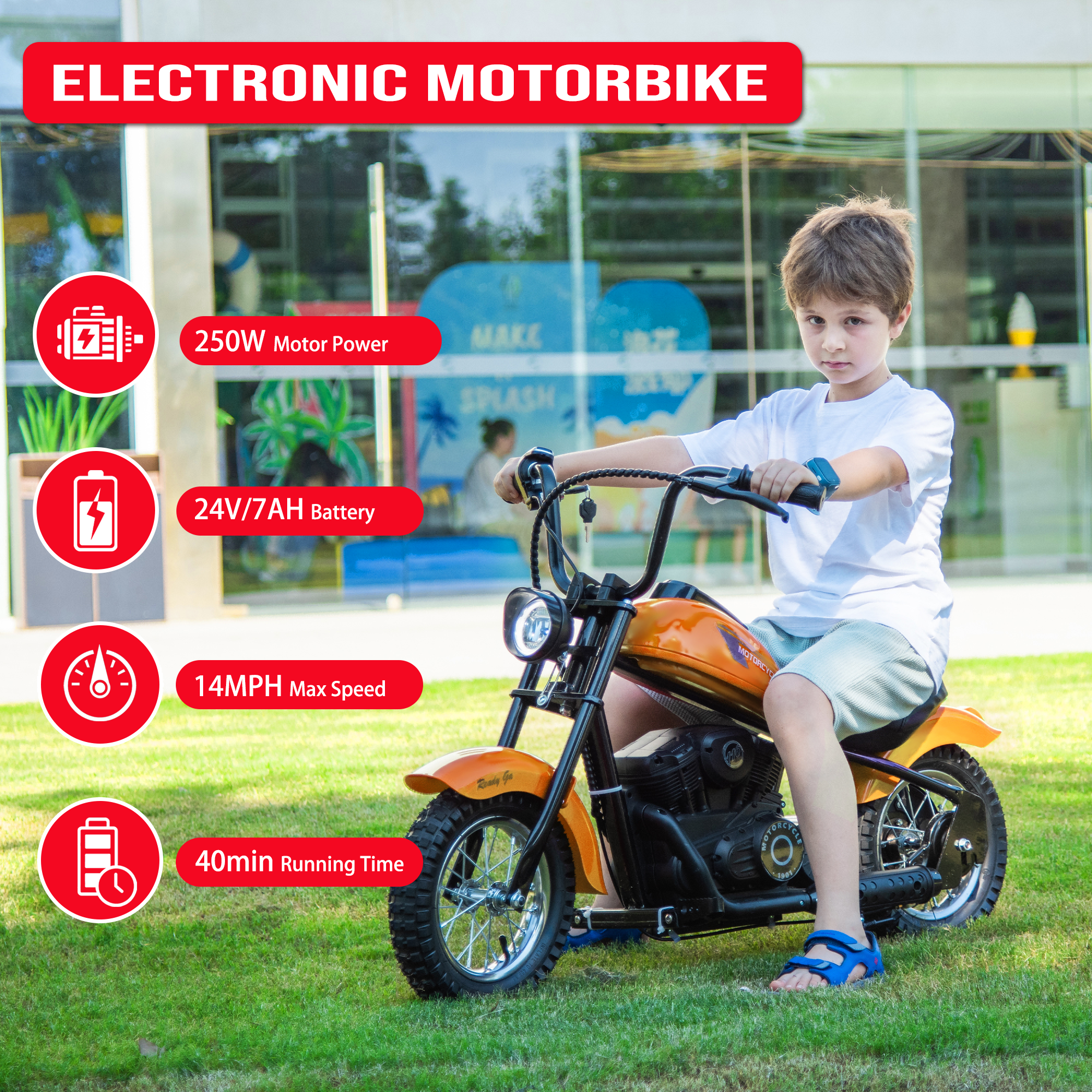 JoyWheels 24V Electric Dirt Bike, 250W Ride on Toy Motorcycle for kids,14mph, Age 13+,Orange