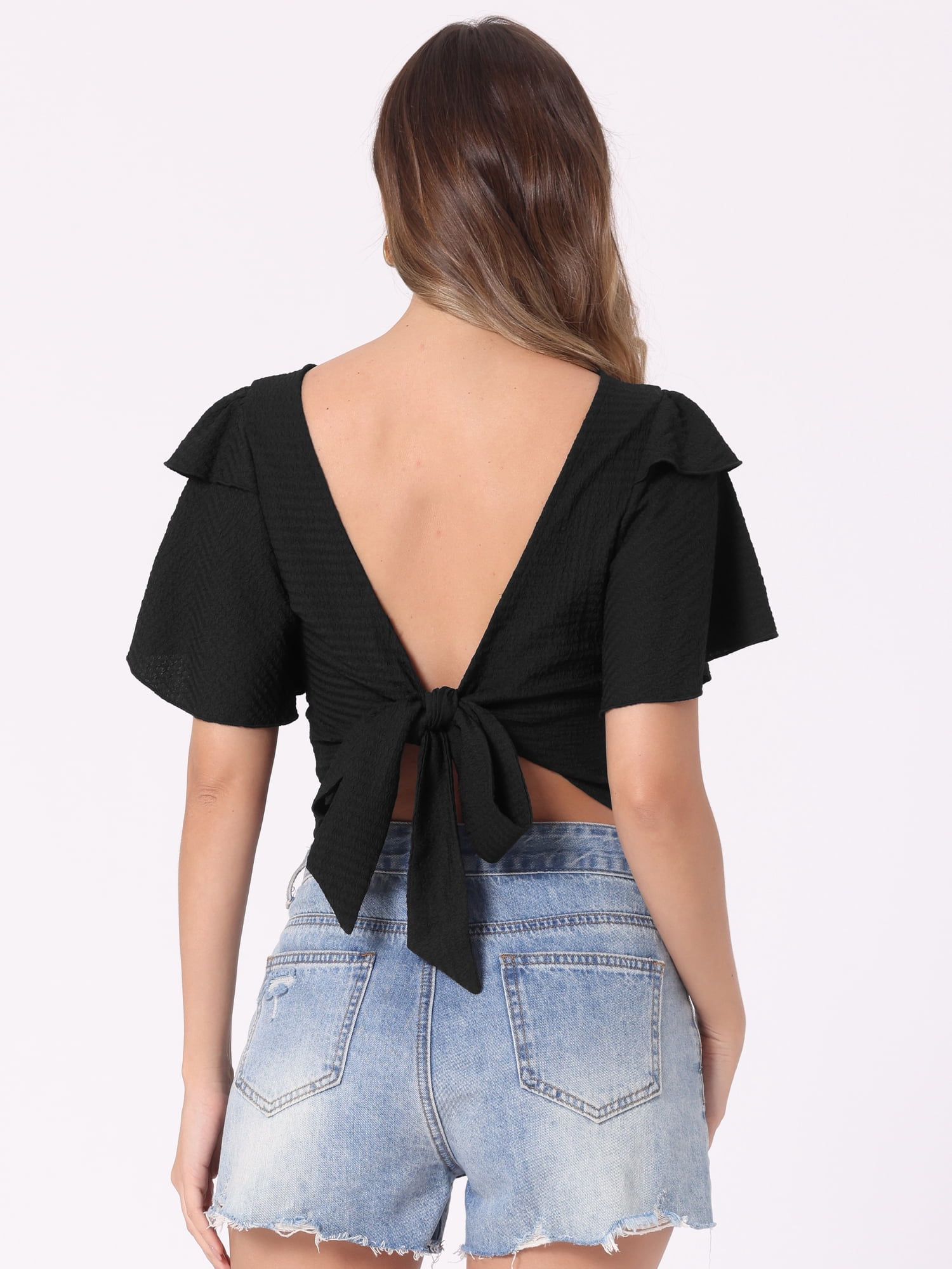DARING DIVA Changeable Neckline Flutter Sleeve Crop Top S Black