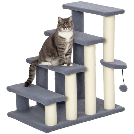 PawHut 4 Levels Cat Steps, Pet Stairs Carpeted Ladder, Kitten Tree Climber with Scratching Posts, Hanging Play Ball, Side Step, for High Bed, Sofa, Gray