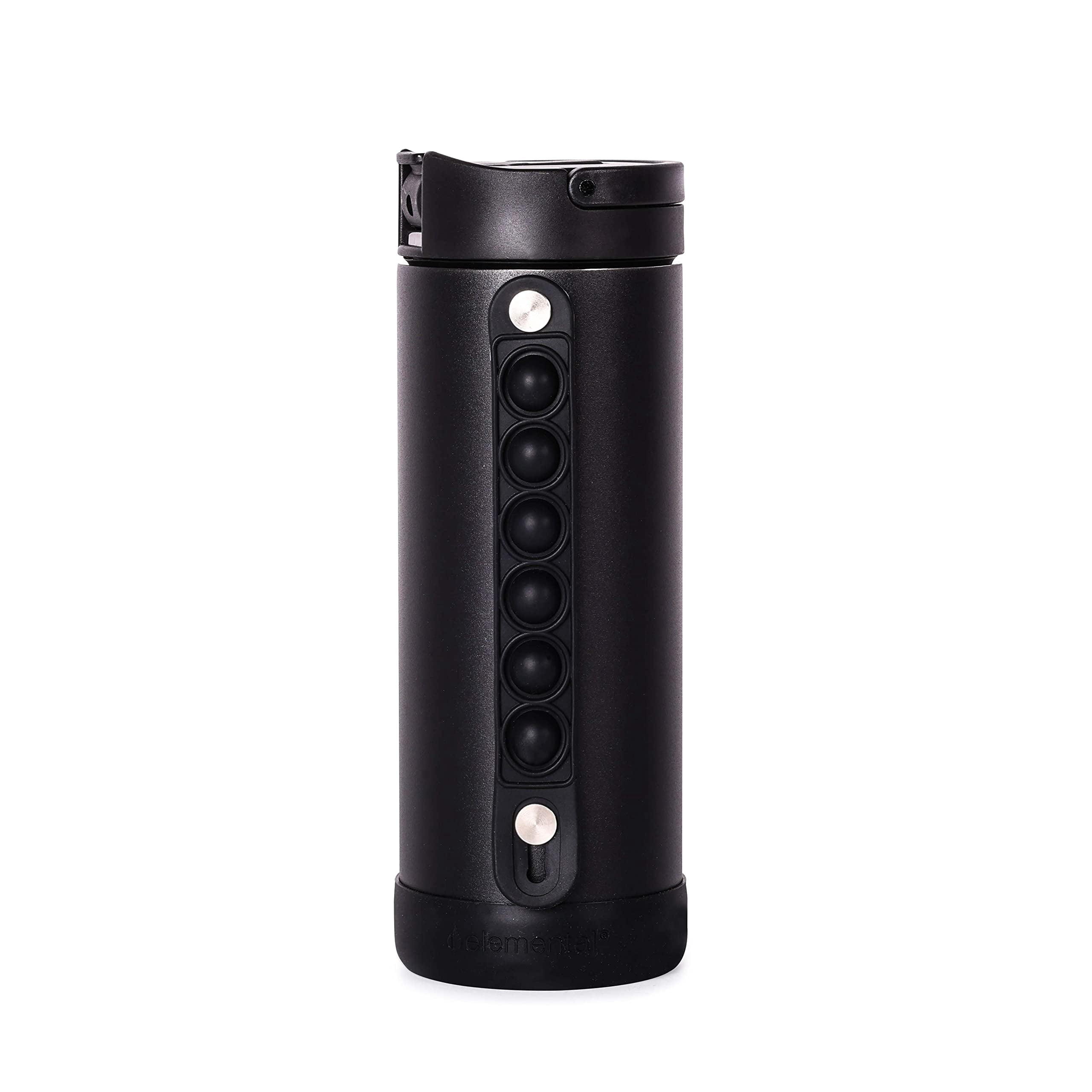 Elemental Iconic Kids Water Bottle with Straw Lid & Stress Reliever Pop It Handle - Leak-Proof When Closed - Triple Insulated Stainless Steel Reusable Thermos Water Bottle - 14oz - Black