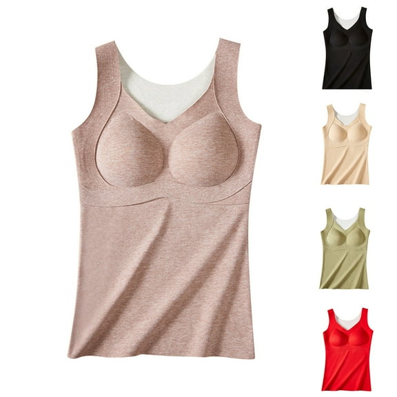 Lovskoo 2024 Women's Winter Thermal Fleece Lined Underwear Tops Cami Tank Top Self-Heating Lace Seamless Fleece Bottoming Cold-Proof Warm Base Layer Vest Beige