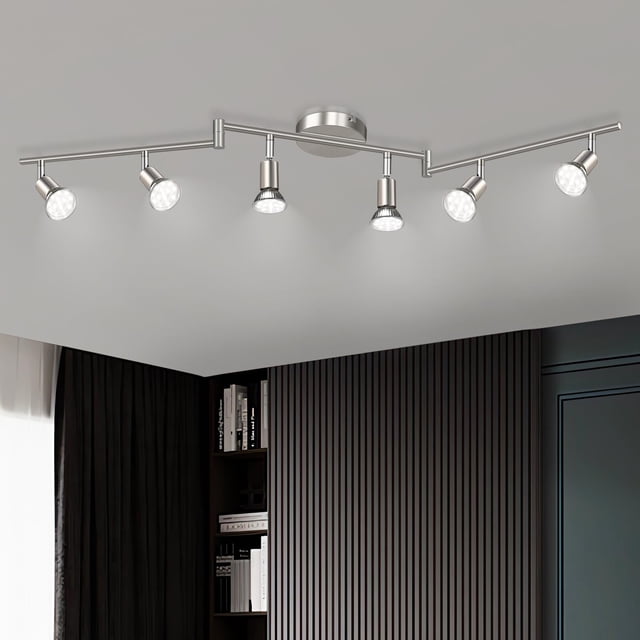 Unicozin 6 Light Track Lighting Kit, Matt Nickel LED Track Light with Flexibly Rotatable Light Head, Foldable Ceiling Spot Light Included L