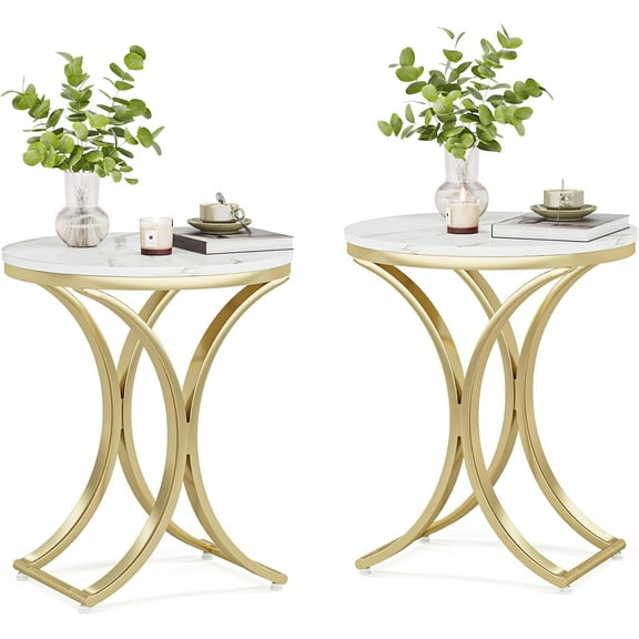 Tribesigns Small Round Sofa Side Table Set of 2, Contemporary Round Coffee Table (Faux Marble)