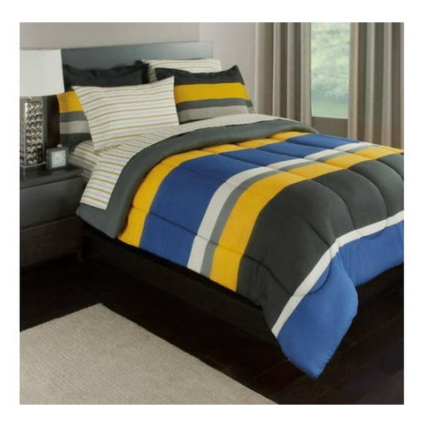 Gray Yellow Blue Stripes Boys Teen Queen Comforter Set 7 Piece Bed In A Bag Com - Blue And Yellow Striped Bedding Gray Yellow Blue Stripes Boys Teen Queen Comforter Set 7 Piece Bed In A Bag Com - Blue And Yellow Striped Bedding
