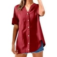 thumbnail image 1 of Camisa de lino para mujer: talla grande, manga corta, cuello en V, color liso, 1 of 4