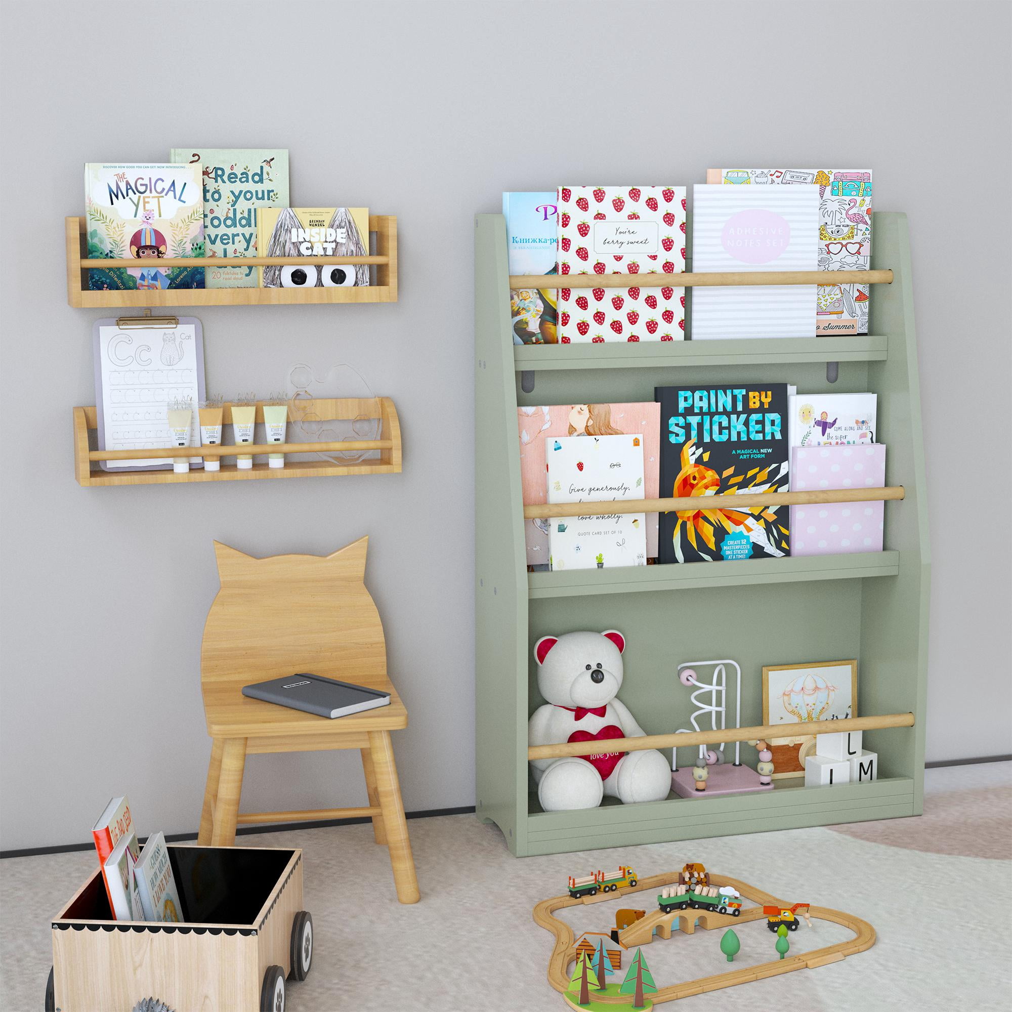 Yoneston Kids 3-Tier Bookcase with Wood Rails, Children's Standing Display Bookshelf for Playroom, Bedroom, Nursery, Sage Green