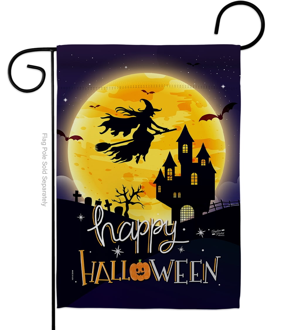 Halloween Boo Burlap Garden Flag 12 x 18 inches Double Sided Witch Bat Black Cat 