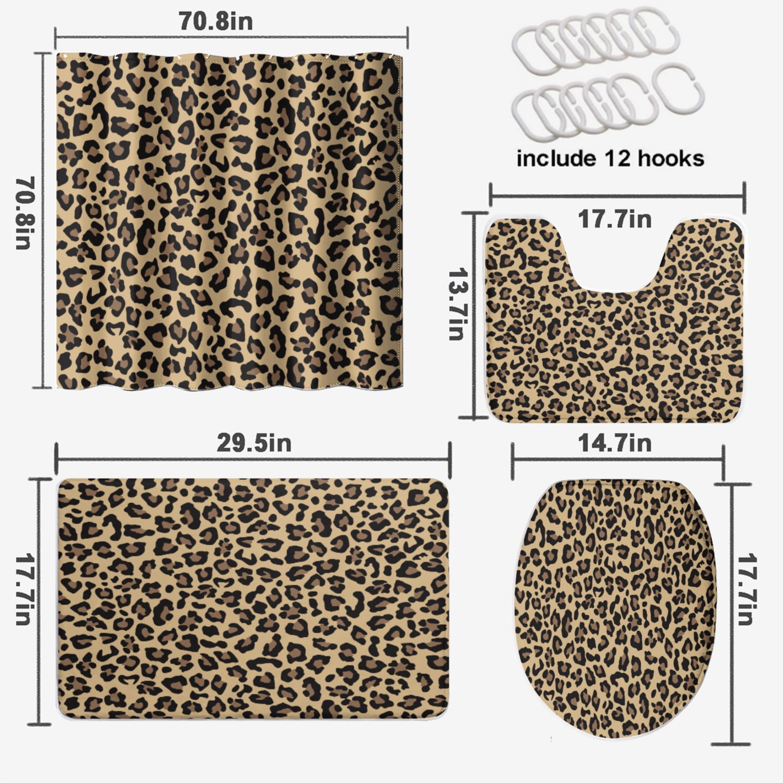 Leopard Print 4 Pieces Shower Curtain Set with Non-Slip Rug Wild Safari Skin Pattern Powerful Cheetah with Non-Slip Rugs Toilet Lid Cover and Bath Mat Bathroom Decor Set, 72x72 Inch