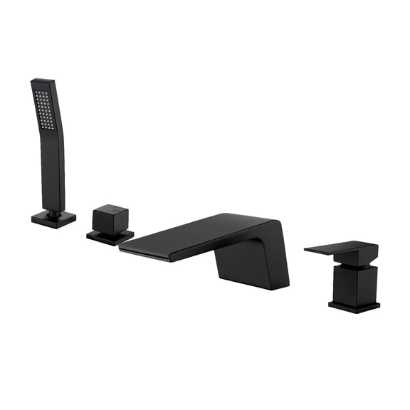 Cobbe Single Handle 4-Hole Mount Bathtub Faucet Set with 4.72-Inch Wide Waterfall Spout and Handheld Shower Matte Black