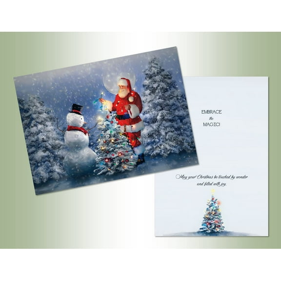 LPG Greetings Santa and Snowman Decorating Small Snow Covered Tree with String of Lights Box of 16 Christmas Cards