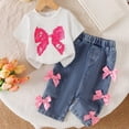 thumbnail image 2 of Back to School Outfits Girls 2 Piece Outfits Bow Short-Sleeved Top and Jeans Pants Clothing Set, 2 of 5