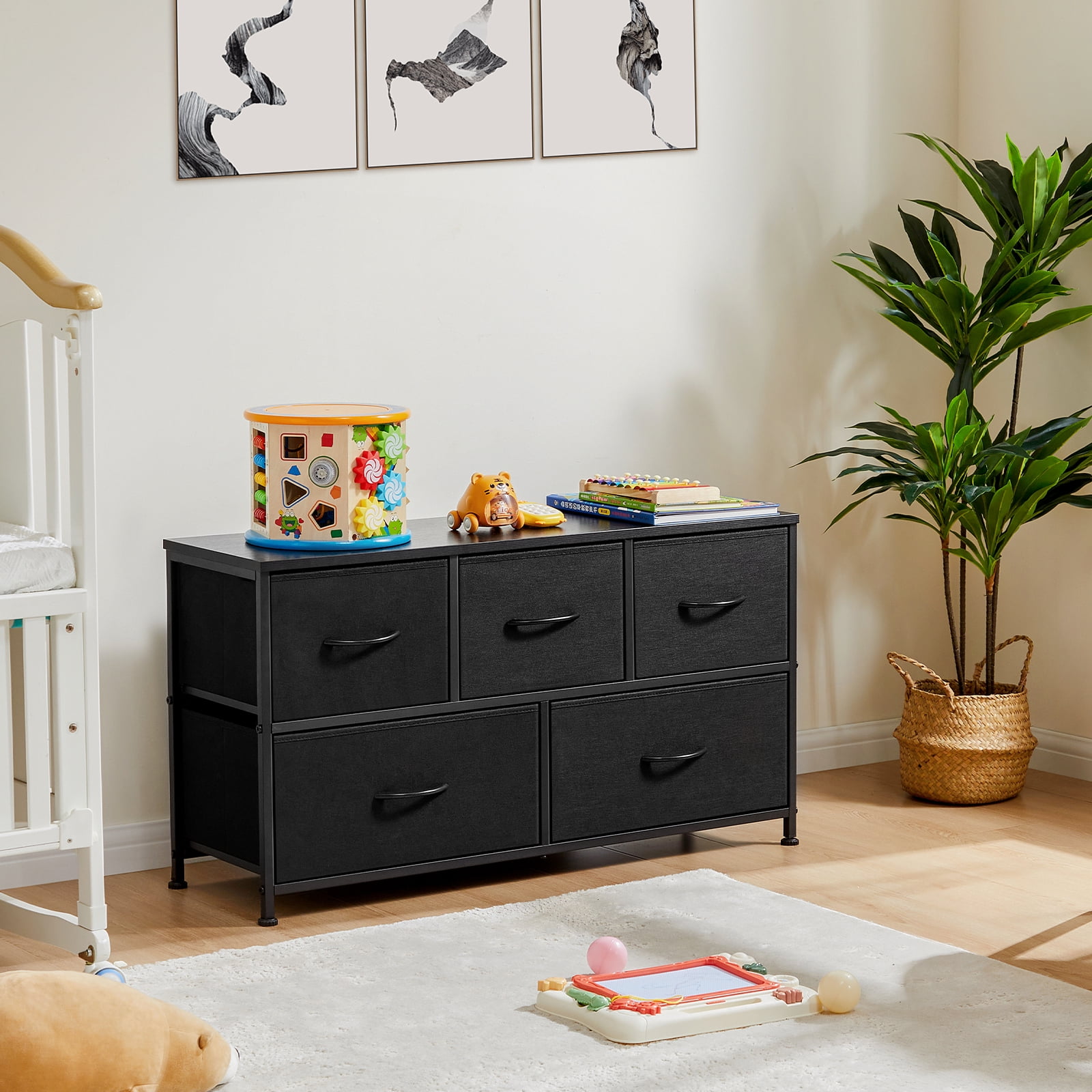 MCQ 5-Drawer Fabric Dresser with Metal Frame & Wood Top Storage Organizer for Bedroom, Closet, Entryway, Black MCQ 5-Drawer Fabric Dresser with Metal Frame & Wood Top Storage Organizer for Bedroom, Closet, Entryway, Black
