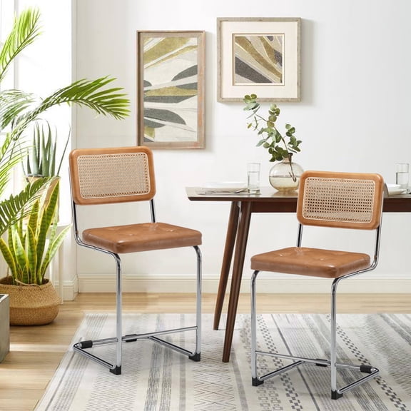 Modern Mid Century Black Dining Chairs Set of 2, Upholstered Natural Rattan Kitchen Chairs, Armless Accent Chair Side Chairs with Metal Chrome Legs for Bedroom Living Room