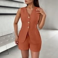 thumbnail image 3 of Short Sets for Women Sleeveless Tie Back V Neck Button Cardigan Vest and Shorts 2 Piece Matching Set Work Sets, 3 of 6