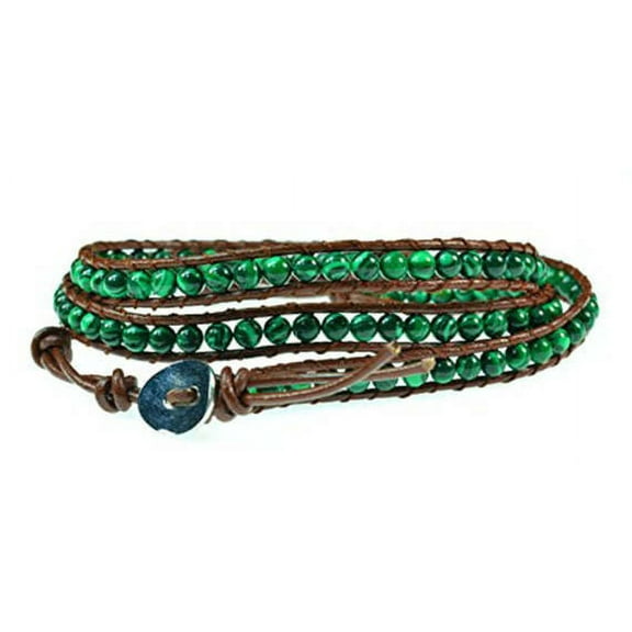 Handmade 26" Malachite Gemstones on Genuine Leather Wrap Bracelet