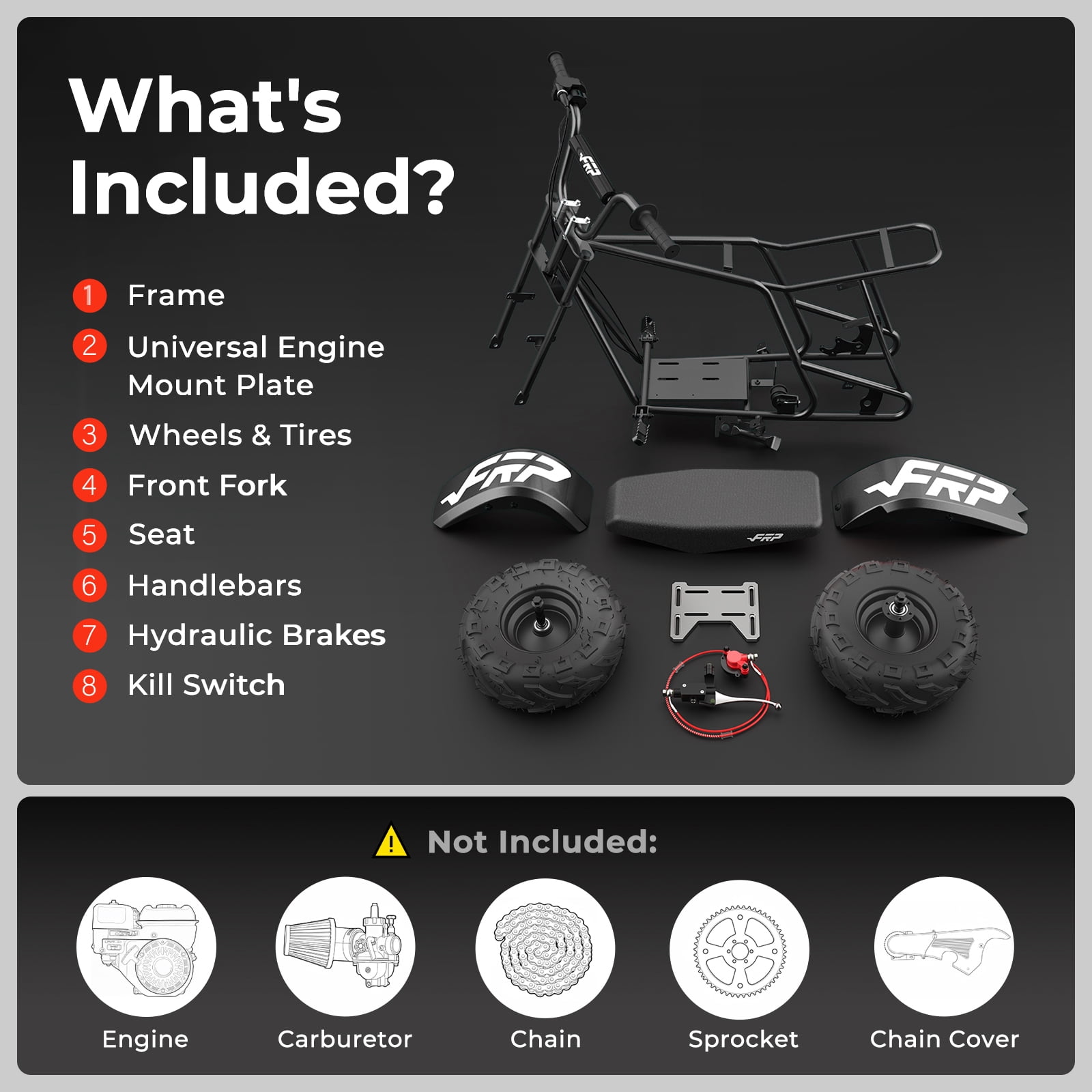 FRP GMB100 Mini Bike Upgraded Frame Roller Frame, No Engine—Tires, Hydraulic Brake, Seat, Fuel System & Wiring, DIY Bolt-On 79/98/196/212/225cc – Black