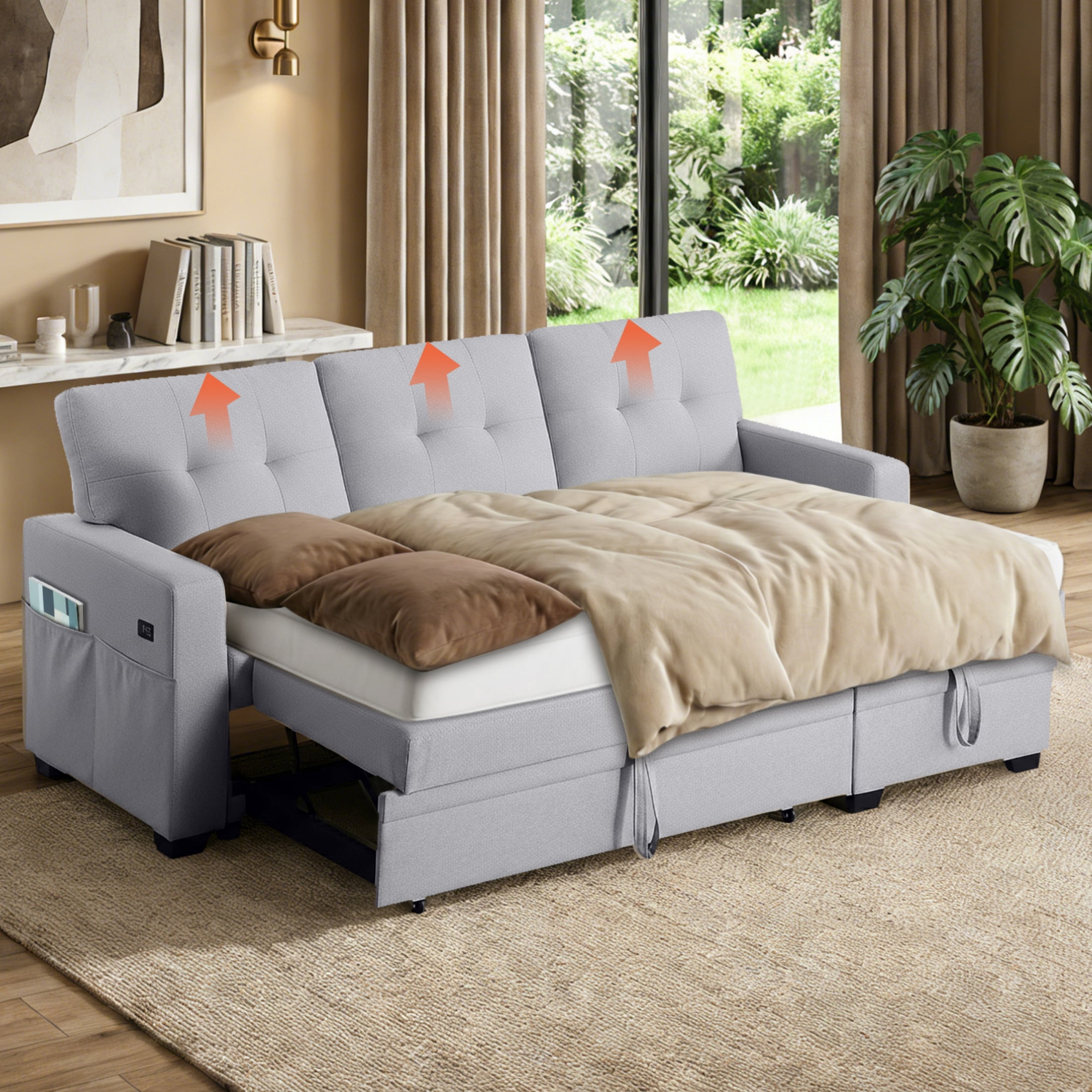 ShiKeyi 82" L Shaped Sleeper Sofa Bed, Sectional Sleeper Couch with Pull Out Bed, 3 Seat Convertible Sofa Bed with Storage Chaise, USB Charging Ports for Living Room, Light Gray Linen Fabric