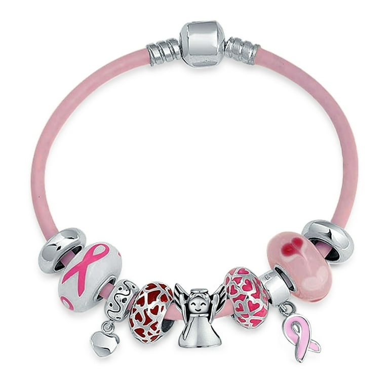 Breast Cancer Awareness Heart Enamel Glass Charm Bracelet 925 Silver, Size: 6, Pink