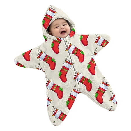 Ruyang Baby Star Shape Hooded Zipper Romper Infant Cute Print Warm Plush Newborn Jumpsuit Winter Christmas Clothes