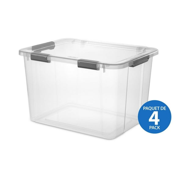 Sterilite Boîte de Rangement avec Couvercle à Charnière 76L, Gris - 4 Pk