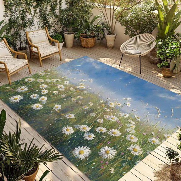 Fsddascl Spring Floral Outdoor Rug for Patio/Deck/Porch, Non-Slip Large Area Rug 4 x 6 Ft, White Green Flowers Modern Art Oil Painting Indoor Outdoor Rugs Washable Area Rugs, Camping Rug Carpet