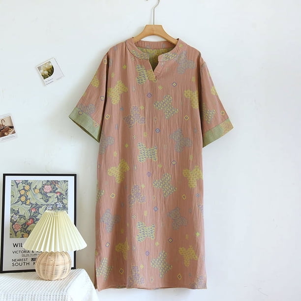 Vestido de cuello en V de manga corta retro de doble cara teñido en hilo de estilo nacional de verano para mujer falda teñida en hilo de longitud media Vestido de casa de algodón que se puede usar al
