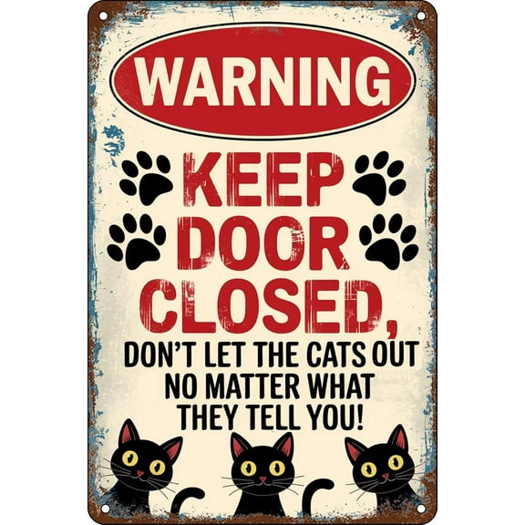 Funny Black Cat Warning Decor Retro Metal Tin Sign - Keep Door Closed Don't Let The Cats Out No Matter What They Tell You - Vintage Art Sign for Home Office Cafe Room Wall Decor Poster Gift 8x12 Inch
