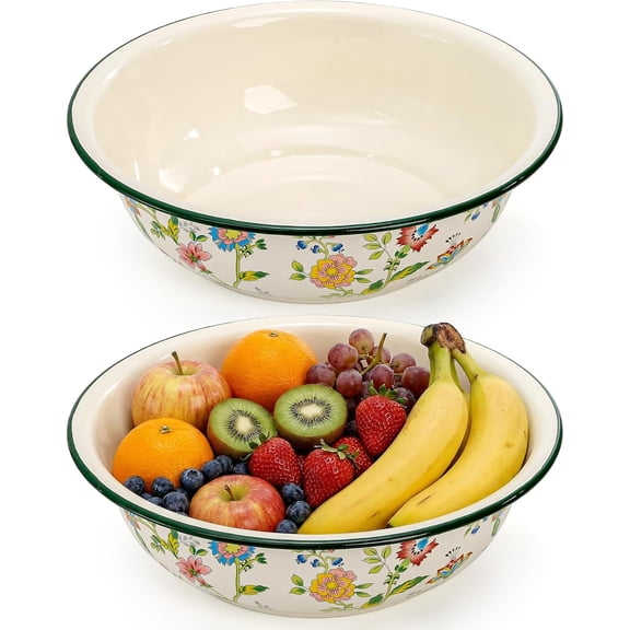 Primitive Enamelware Basin Set, 2 Pack 11.8in 3.6QT Vintage Enamel Mixing Bowls, Enamel Serving & Washing Bowl for Fruit, Pasta, Dough, Camping Kitchen & Table Decor